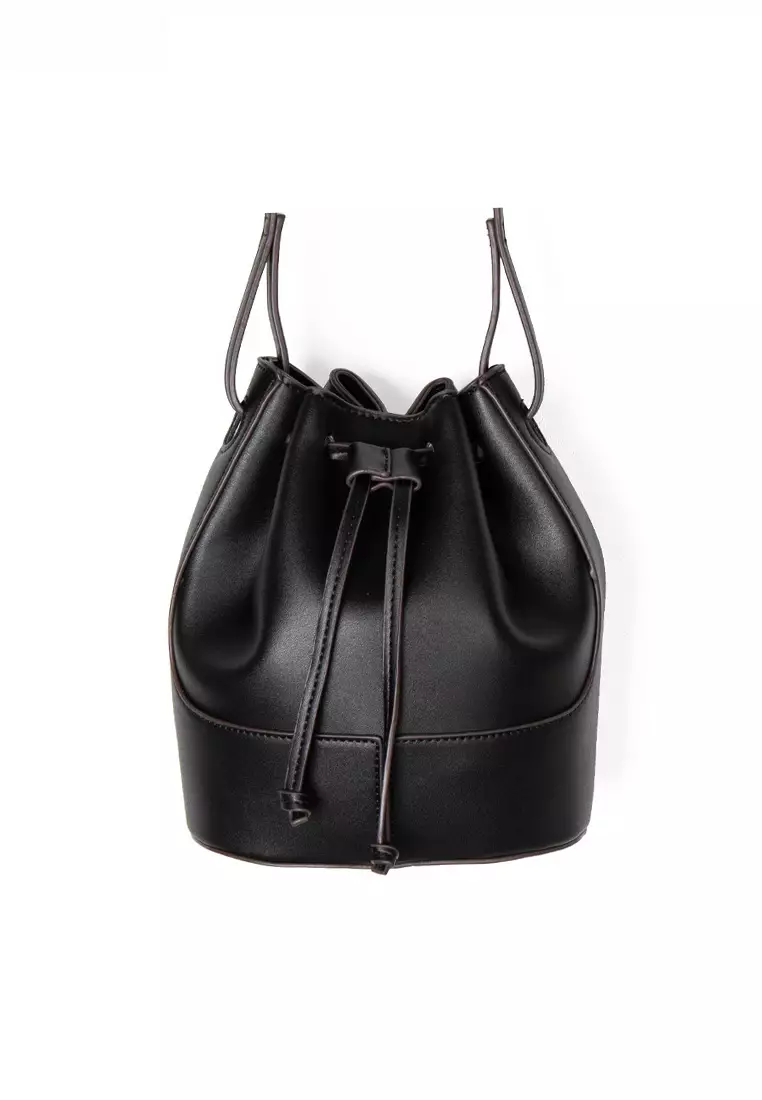 Black faux leather shop bucket bag