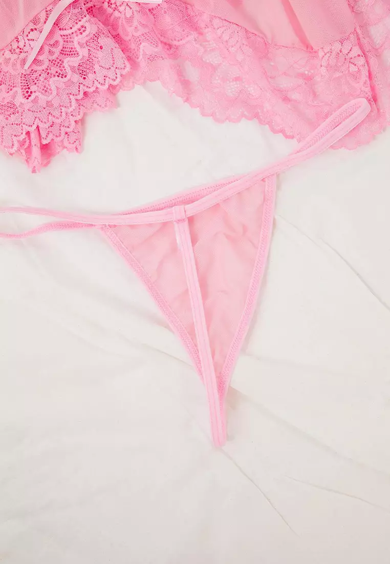 Pink Tulle Ribbon/Bow And Lace Detailed Uncovered Pantyhose Babydoll/Fantasy Nightgown