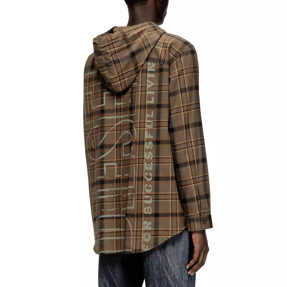 Hooded Shirt In Check Flannel With Logo Beige/Brown