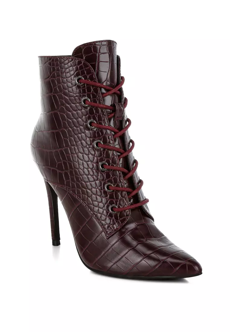 Croc Lace-Up Stiletto Boot in Burgundy