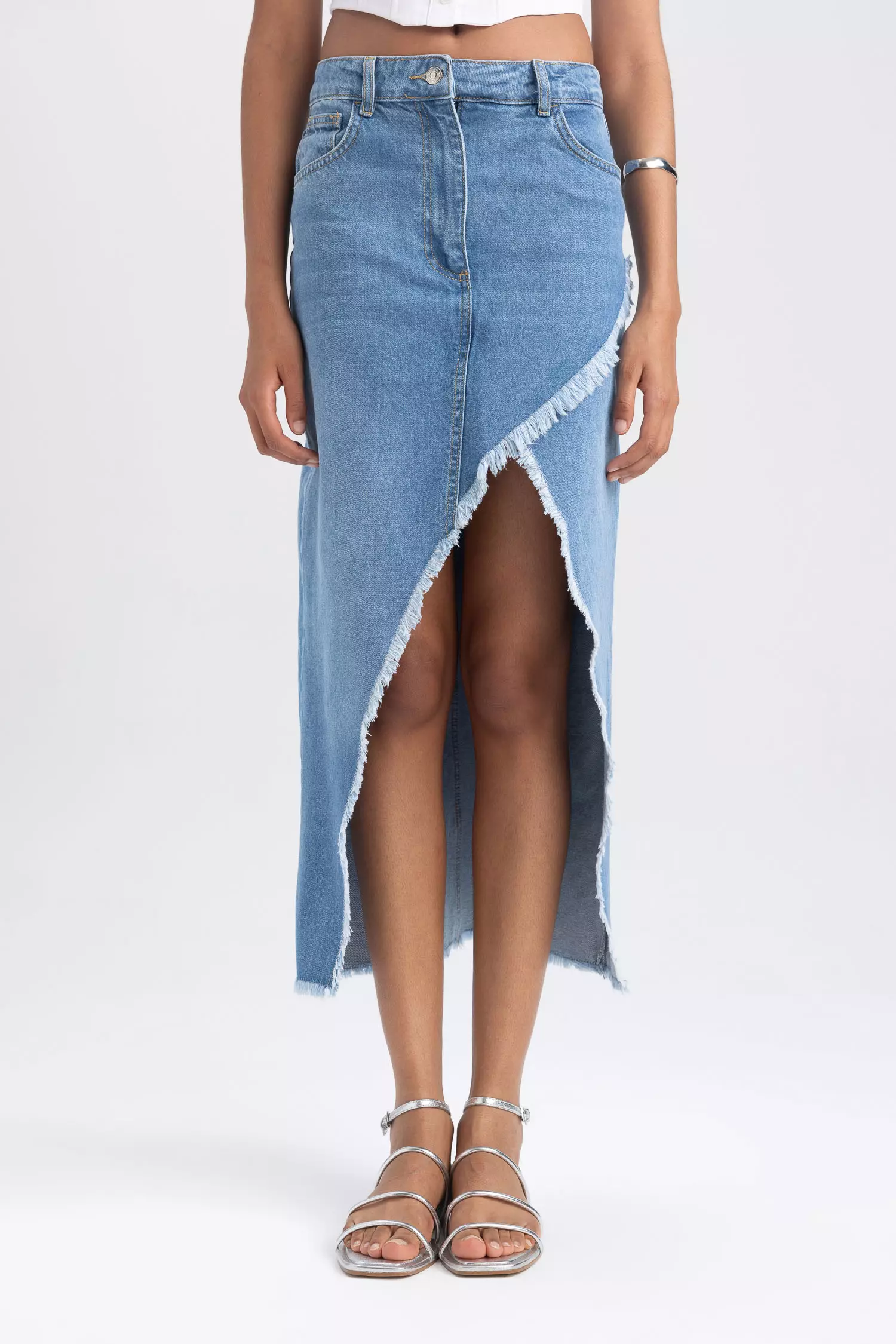 Busted hem outlet denim midi skirt