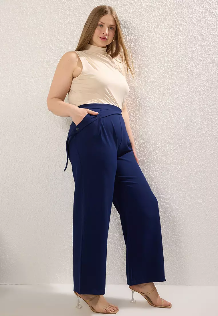 Navy Blue High Waist Wide Leg Woven Trousers Tbbss25Ar00039