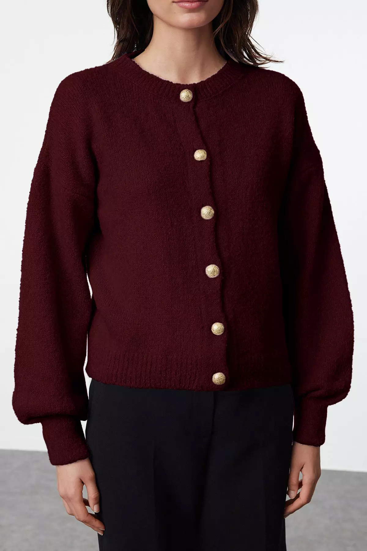 Burgundy Button Detailed Soft Textured Knitwear Cardigan