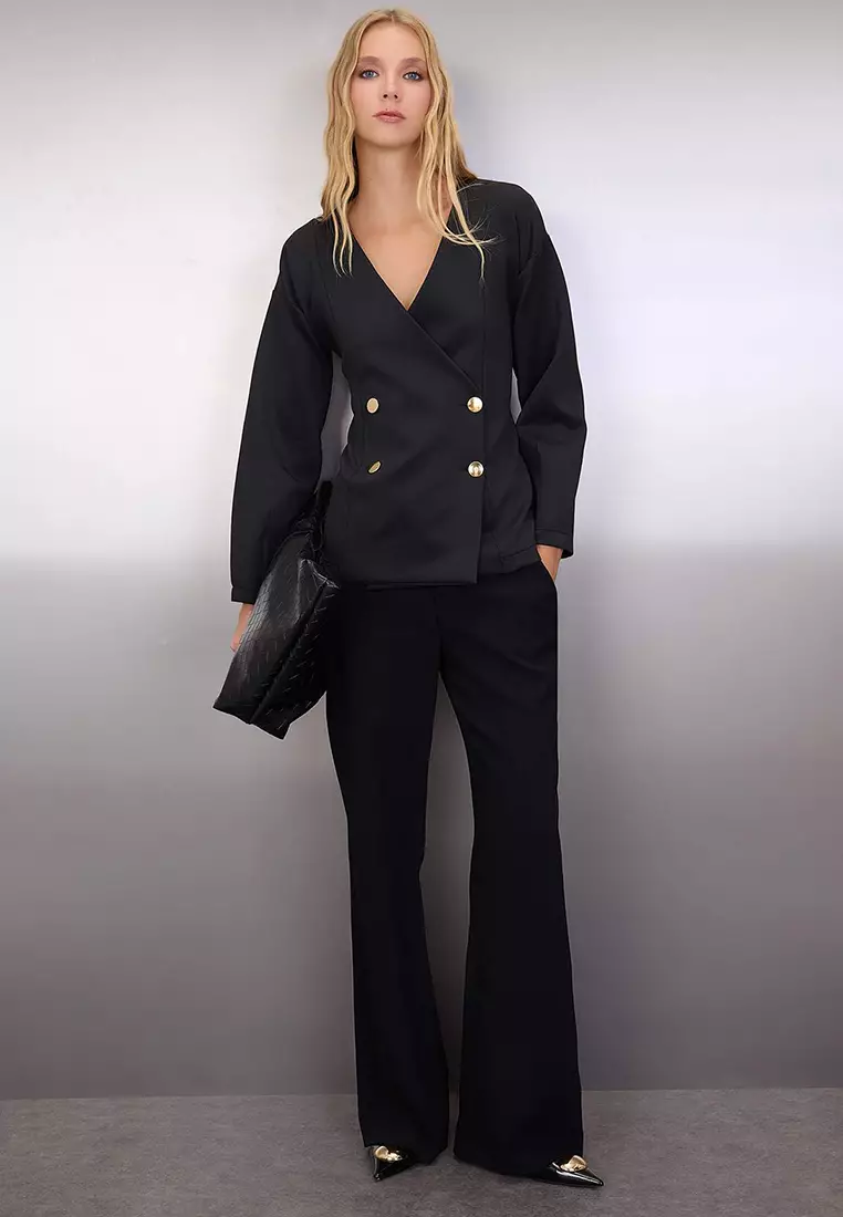Black Regular/Normal Pattern Double Breasted Closure Scuba Flexible Thick Knit Jacket