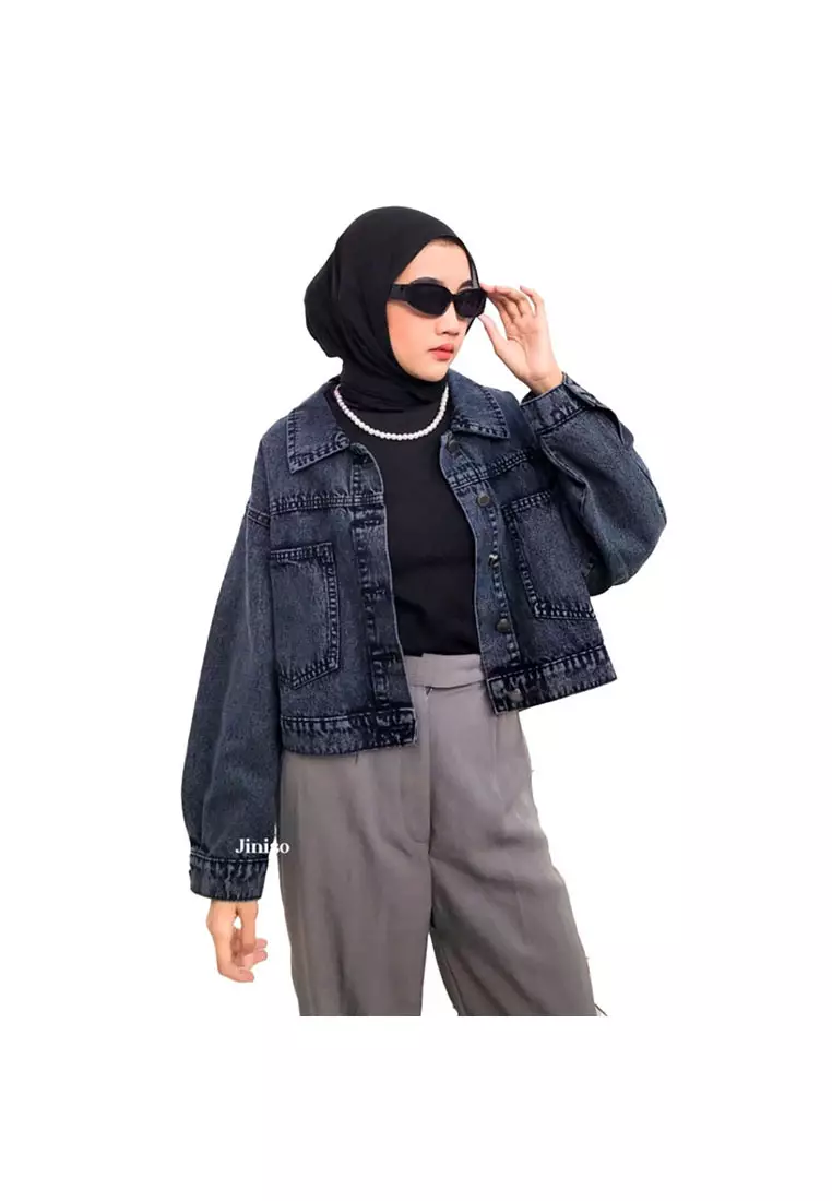Jaket Crop Jeans Oversize Pocket Black Acid