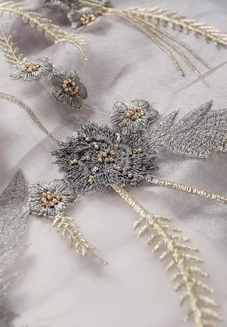 Aksesoris Wanita Golden Thread Embroidery Floral Beaded Silk Shawl Syal Sutra Wanita Bordir Silver