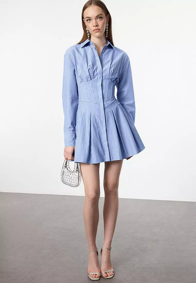 White-Blue Corset Detailed Poplin Woven Wedding/Marriage Elegant Evening Dress Graduation Dress TPRAW25EL00108