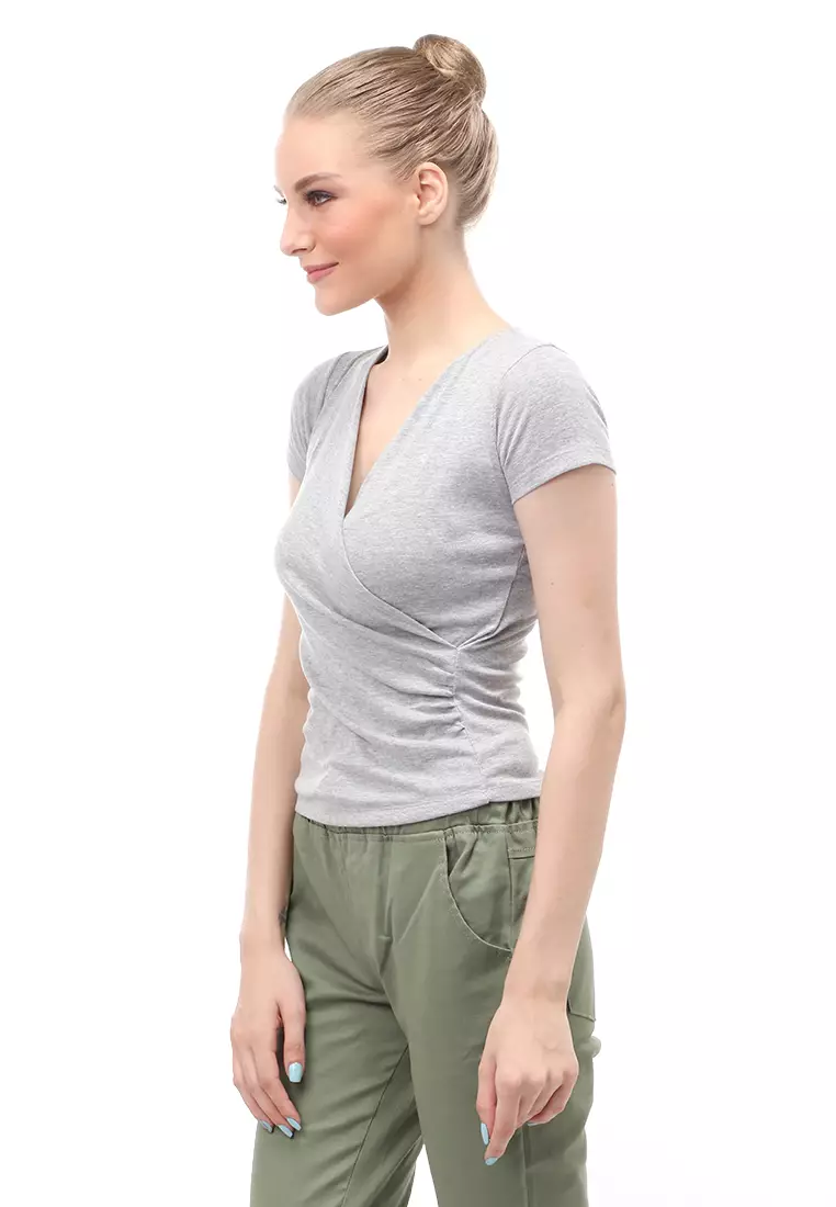 Blouse Atasan Wanita Short Sleeves Kerah V-neck Design Simple Elegant - Misty