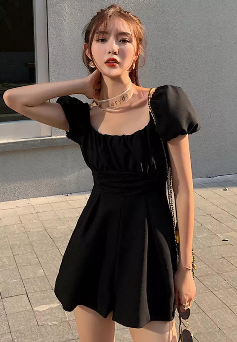 Casual High Waist Pleated Wide Leg Jumpsuit A22050310BK