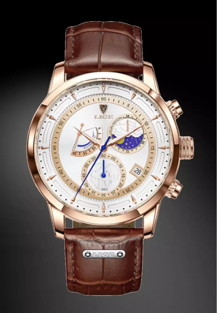 LIGE Chronograph Unisex IP Rose Gold Stainless Steel Quartz Watch White dial on Brown Leather Strap