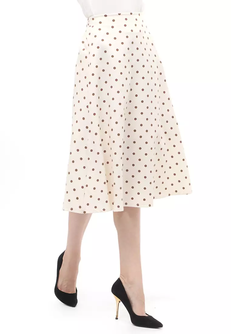 Skirt Motif Polkadot Rubbery Waist Bawahan Wanita Relaxed Fit - Beige