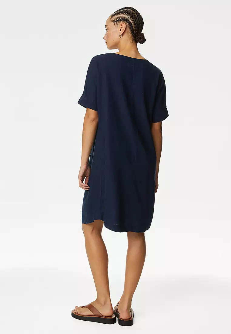 Linen Rich V-Neck Knee Length Shift Dress
