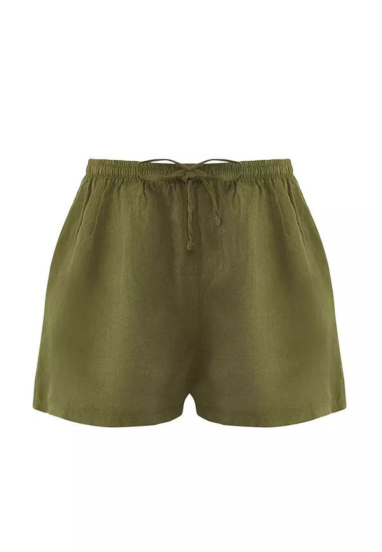 Khaki Weaving 100% Linen Beach Shorts Tbess25Sr00013