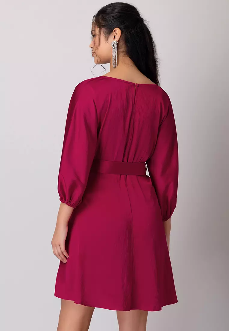 Hot Pink Satin Shift Dress With Belt