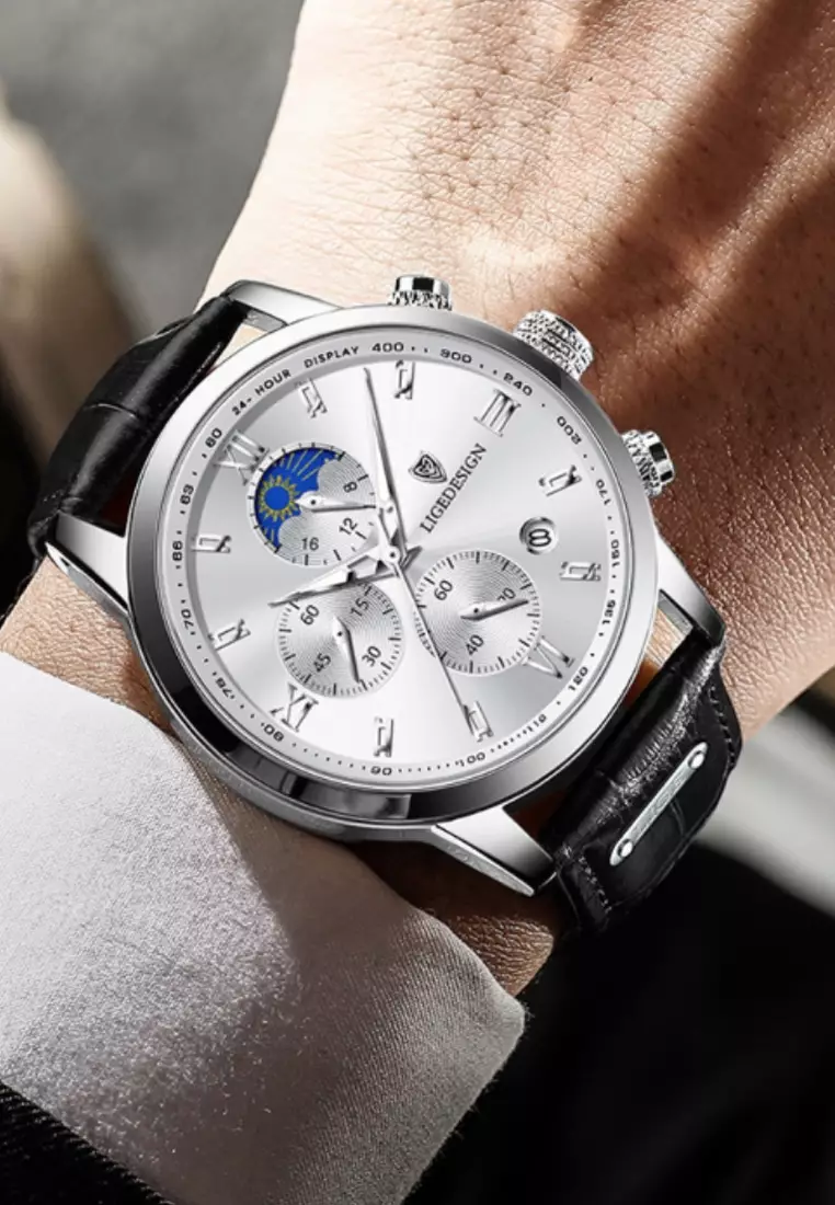 Unisex Stainless Steel Chronograph Quartz Watch 43mm, white dial, on Black Leather Strap