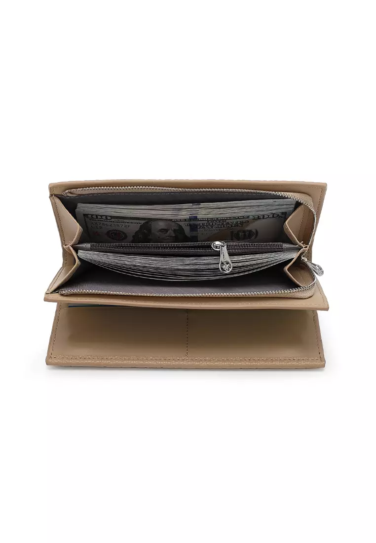 Women's Bi Fold Long Wallet / Long Purse - Khaki