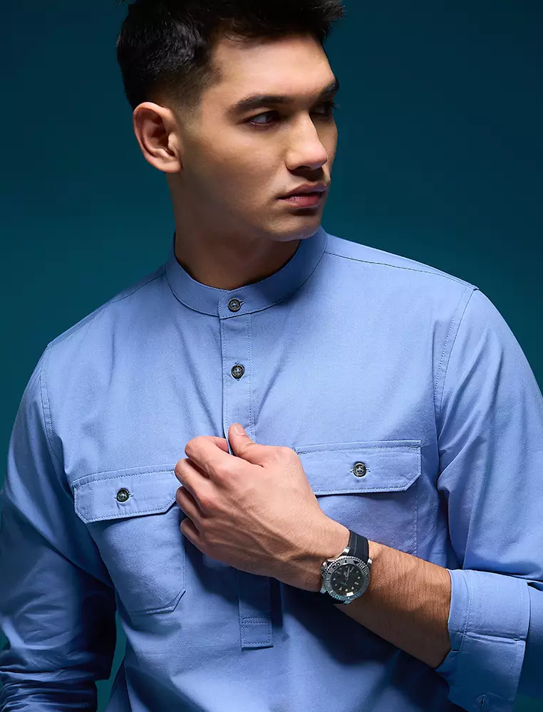 Kemeja koko Collarless shirt OXCON GHAISAN Blue Denim