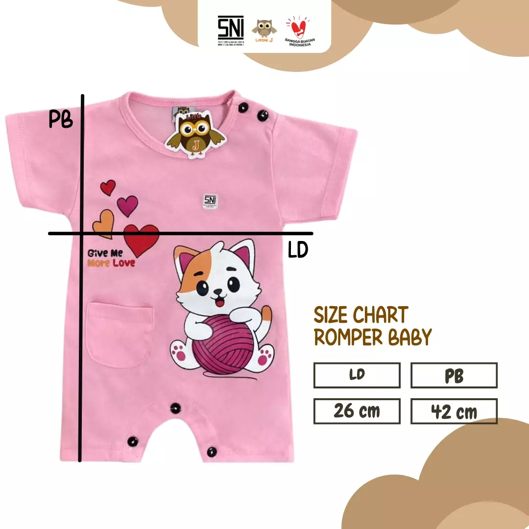 Little J - (938B) Romper Bayi Lucu Motif Kucing Give Me More Love Bahan Adem Nyaman All Size 0-9 Bulan Baju Bayi Lengan Pendek Premium