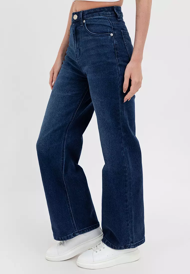 Ladies Wide Leg Denim Jeans Dark Blue