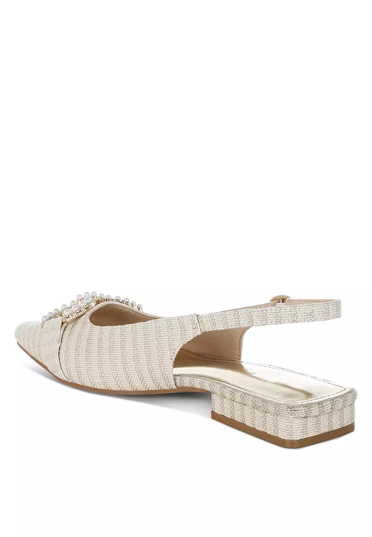 Pearl-Detailed Horsebit Woven Flats In Gold