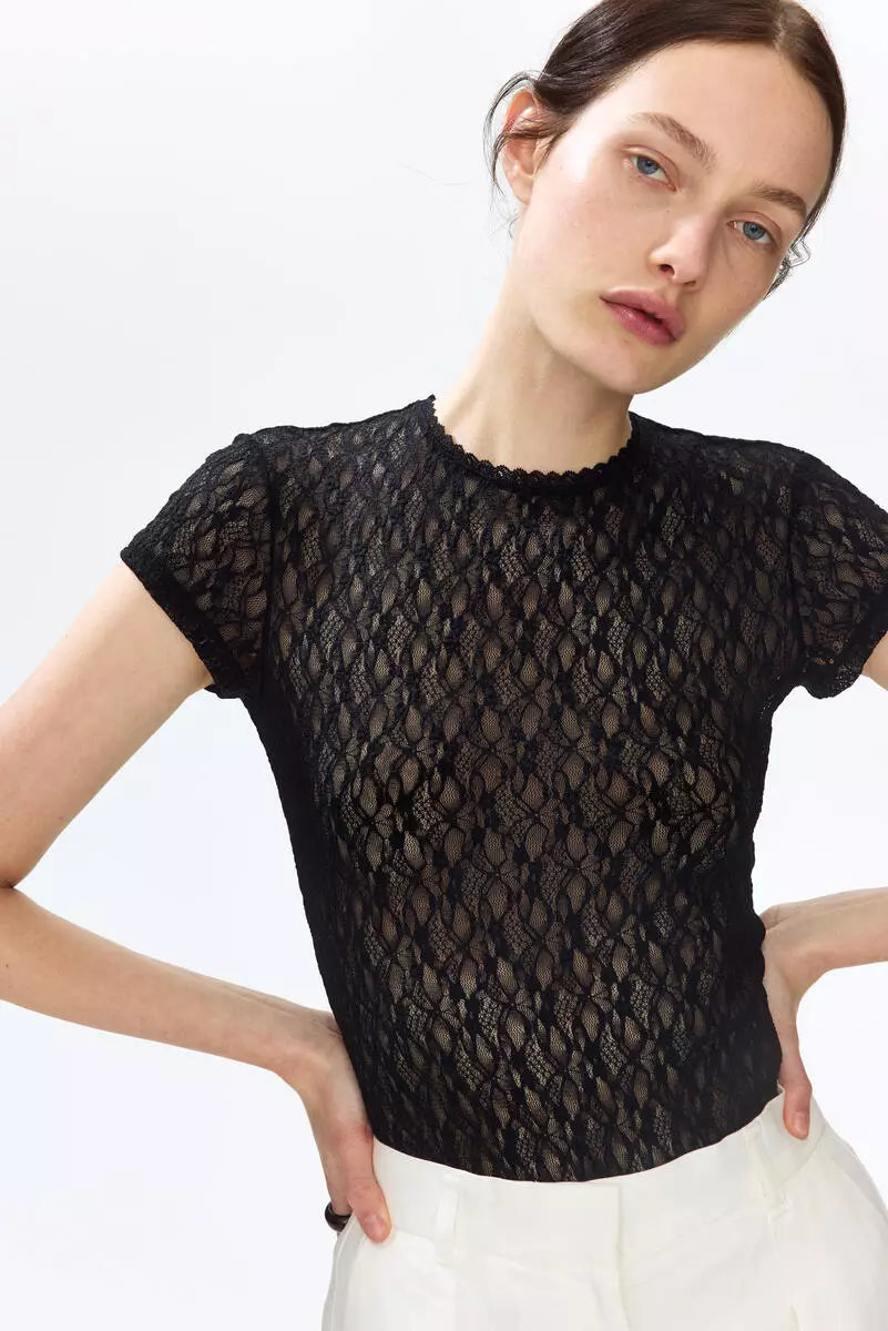 Lace-look jersey thong body