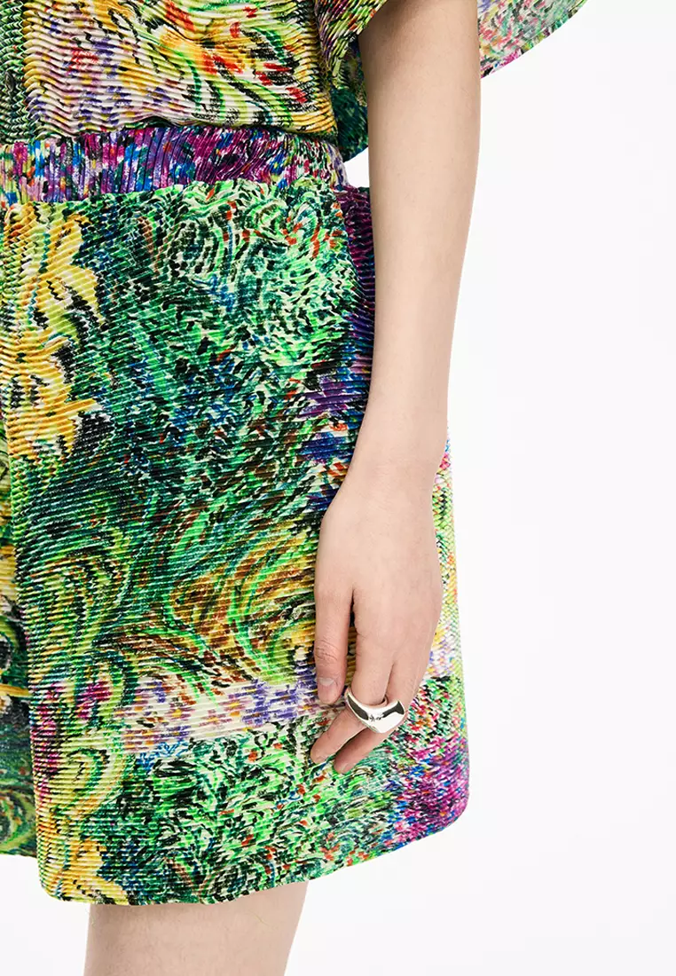 混纺图案元素阔腿卷边短裤