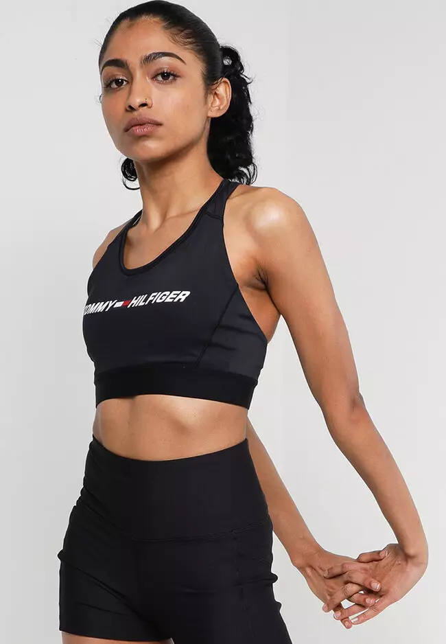 Tommy Hilfiger Womens Bra Racerback Logo High Support Sports Bra In Black  Size S