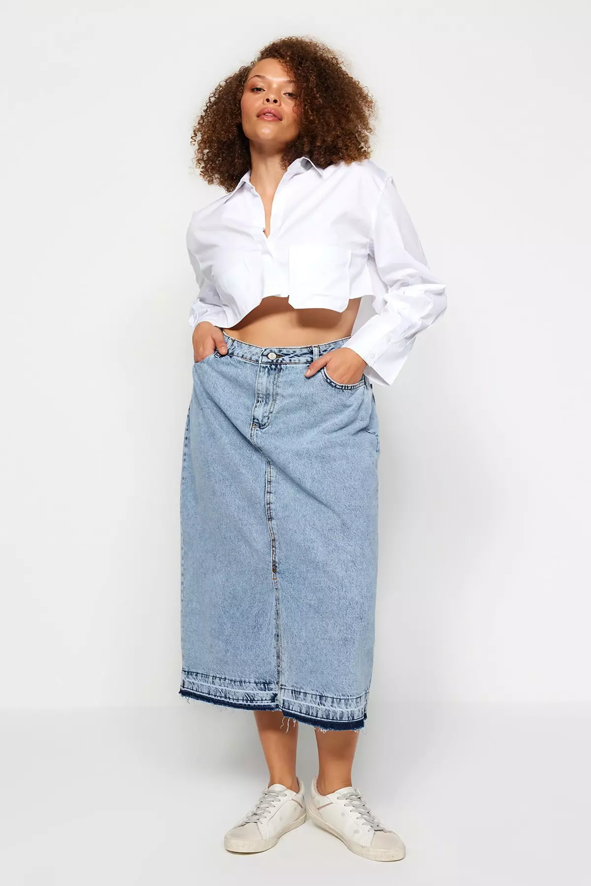 Plus Size High Waist Denim Midi Skirt