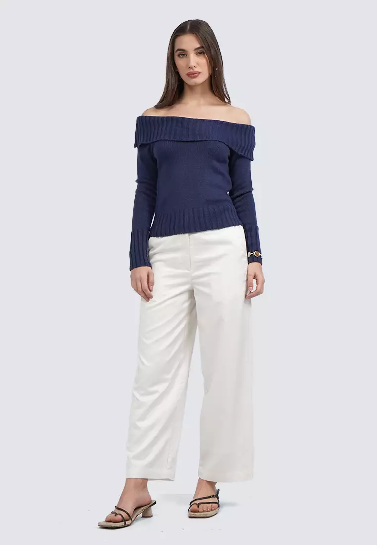 Off Shoulder Long Sleeve Sweater NAVY