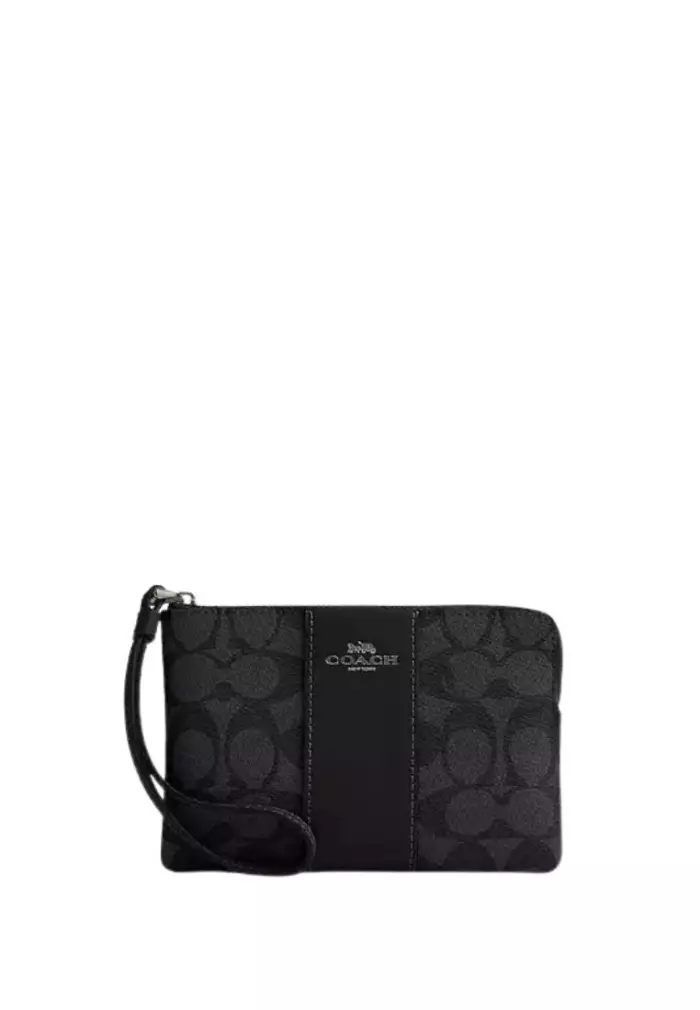 Corner Zip Wristlet In Signature Canvas With Stripe Gunmetal Charcoal Black