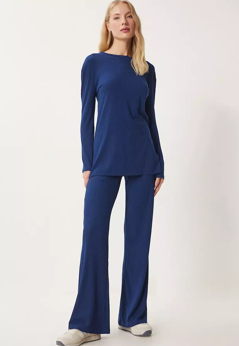 Comfortable Ribbed Knitted Blouse Trousers Set