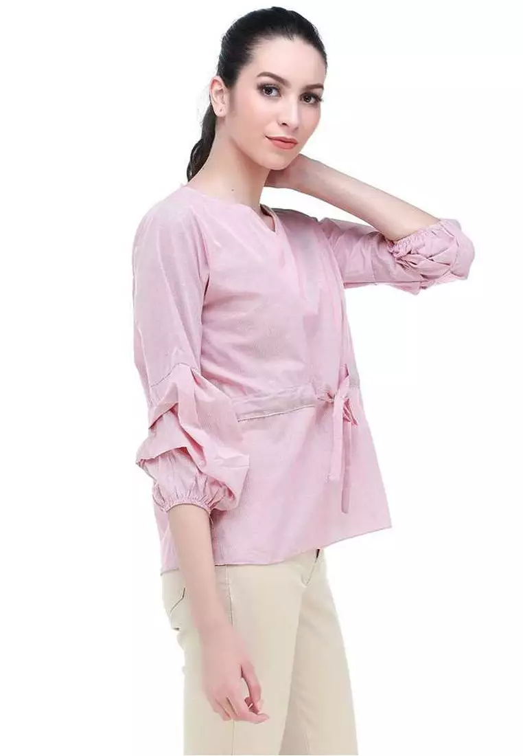 Rebecca Blouse Desain Serut Pita Baju Atasan Casual Wanita - Pink