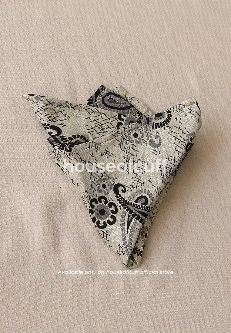 Houseofcuff dasi kupu pria bowtie pocket square jacquard cream muda motif batik