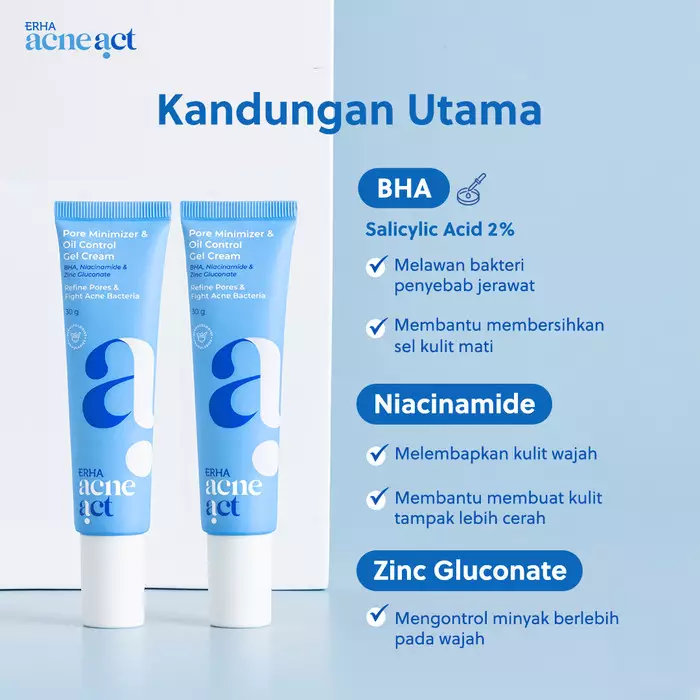 ERHA Acneact Pore Minimizer & Oil Control Gel Cream 30g - Pelembap Kulit Minyak & Pori Besar | BHA | Niacinamide
