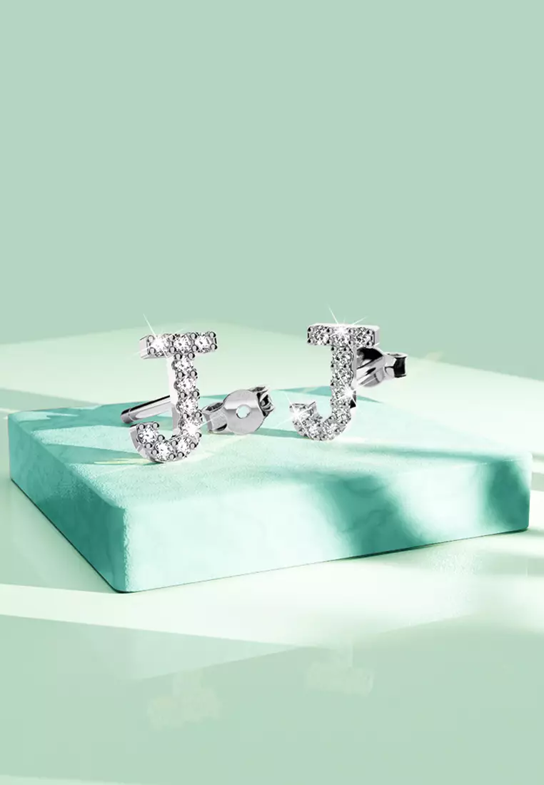 Solid 925 Sterling Silver Glamour Alphabet Letter Earrings  - J