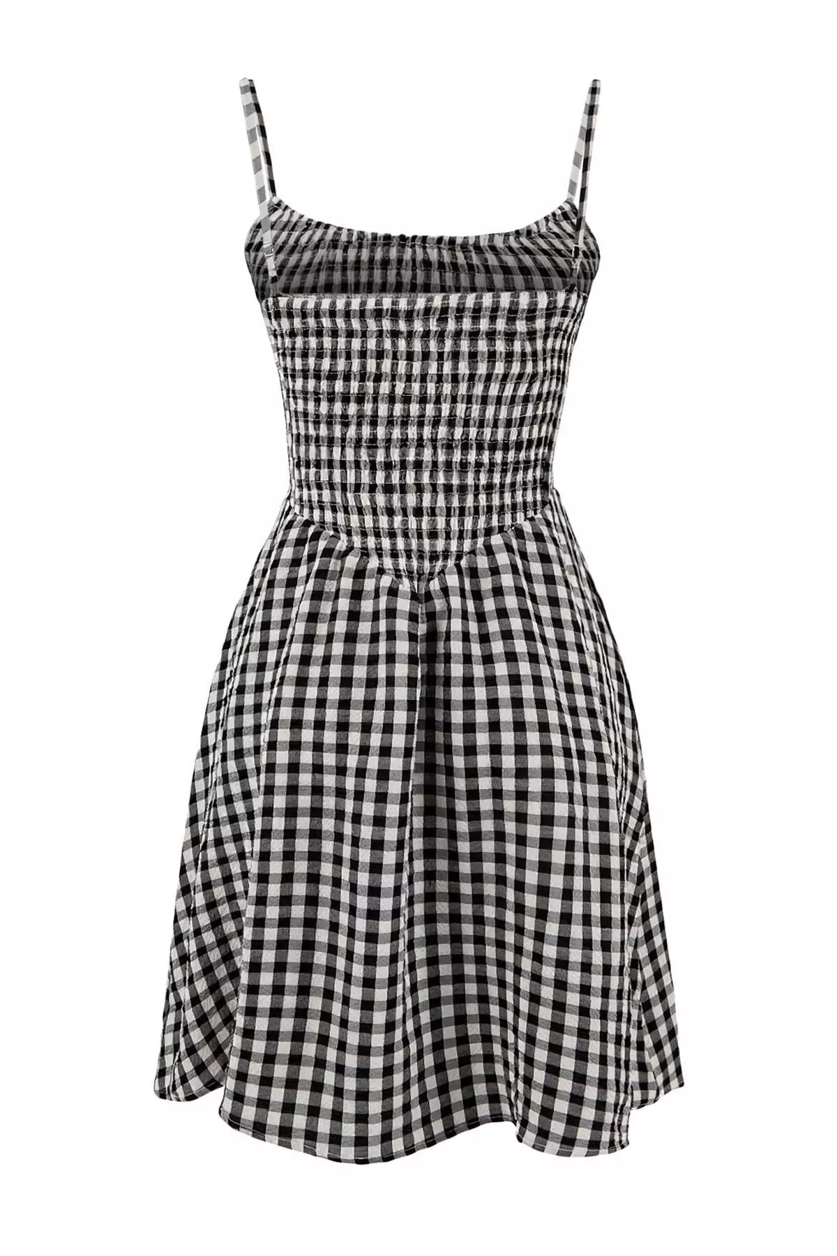 Black Plaid Patterned Woven Gipeli Mini Beach Dress Tbess26El16