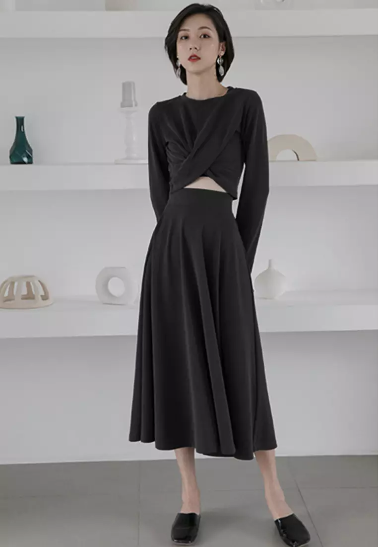 Knotted Long Sleeve T-shirt + Half-length Skirt Suit CA100814BK