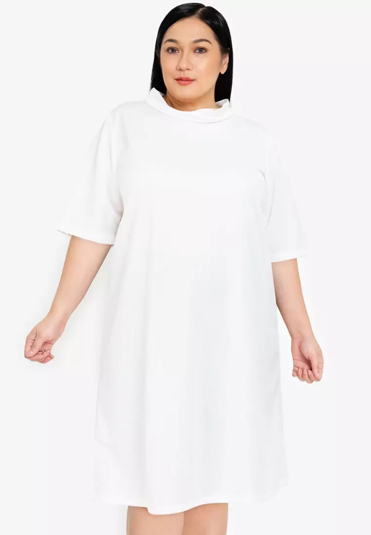 Plus Size Plain Collared Cowl Neck Shift Dress