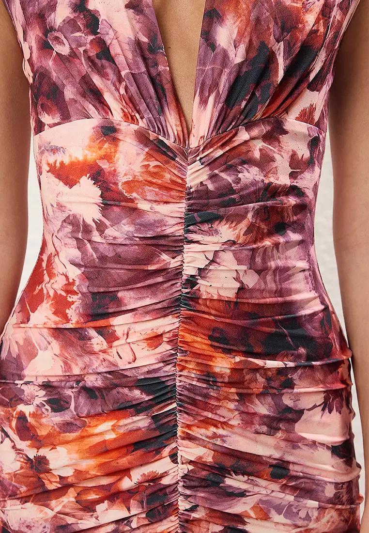 Dusty Rose Printed Bodycon Gathered Detailed Knitted Flexible Midi Pencil Dress