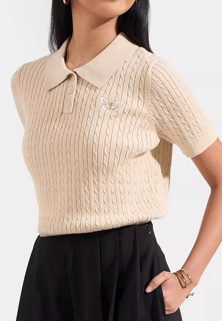 Collared Cable Knit Tee with Butterfly Emboridery