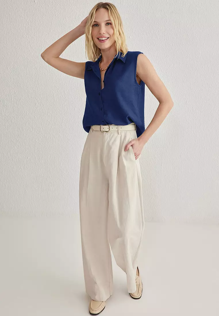 Navy Blue Zero Sleeve Linen Look Regular Regular Fit Woven Shirt Twoss25Go00097