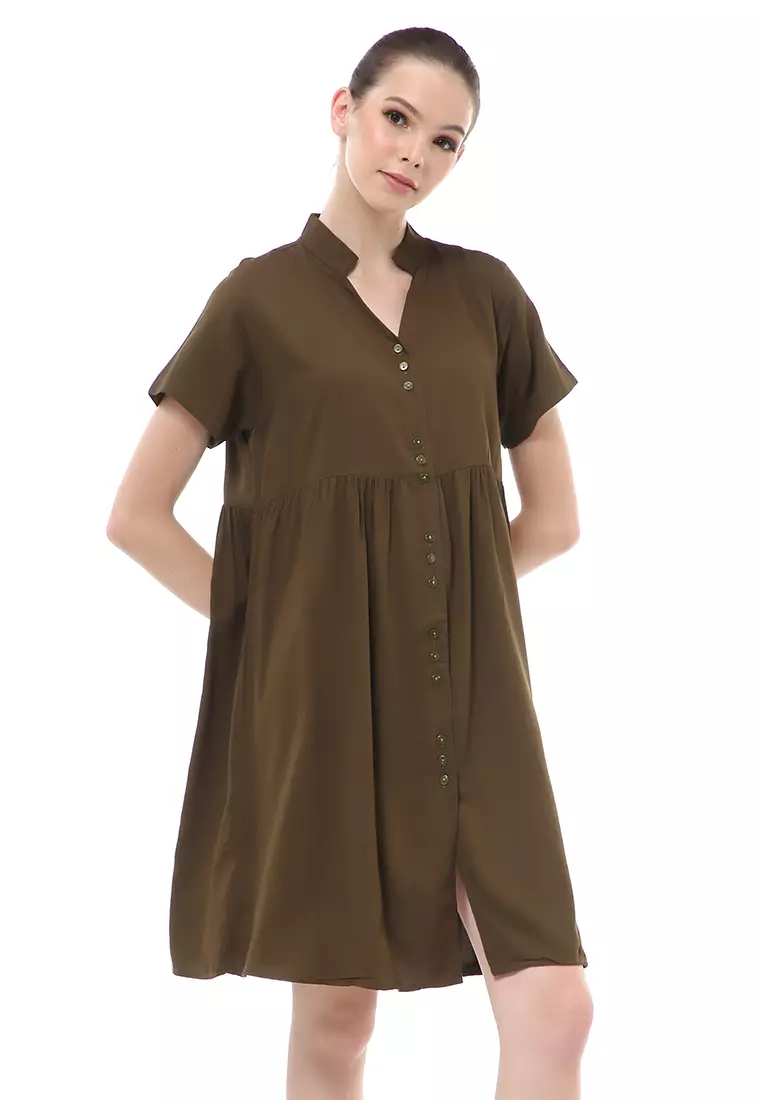 Rachel Dress Wanita Lengan Pendek Full Kancing Stylish Material Cotton ORIGINAL - Army Green