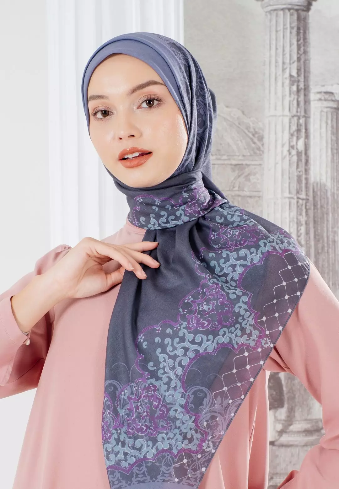 FUGY Scarf Purple - Kerudung Hijab Segiempat Motif With BOX - Bahan Voal Premium - Ukuran 115x115