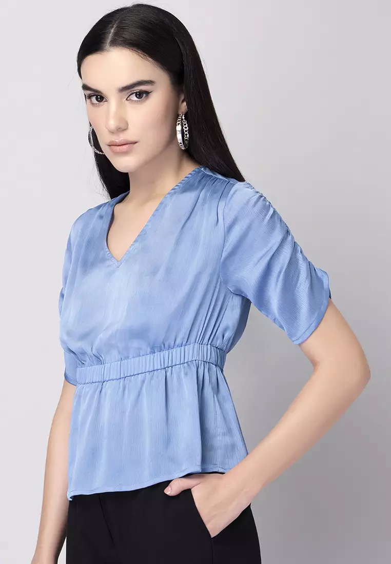 Pastel Blue Textured Peplum Top