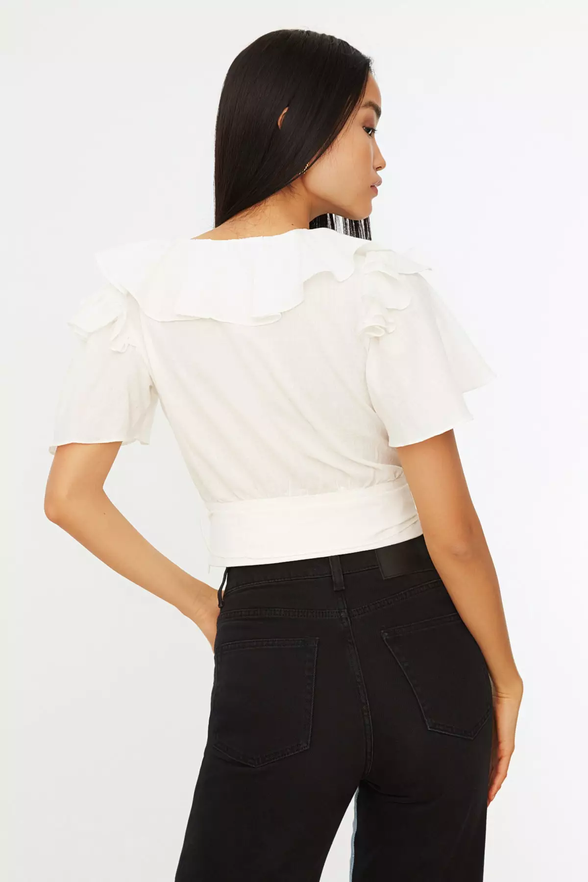 Ruffle Trim Collar Wrap Top