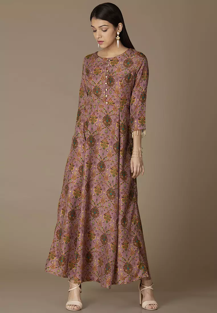 Pink Floral Glass Fringe Trim Maxi Kurta