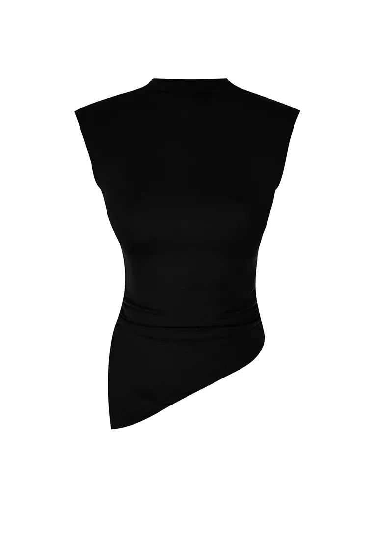 Black Stand Collar Gather/Drape Detailed Fitted/Asymmetrical Knitted Blouse TWOSS24BZ00534