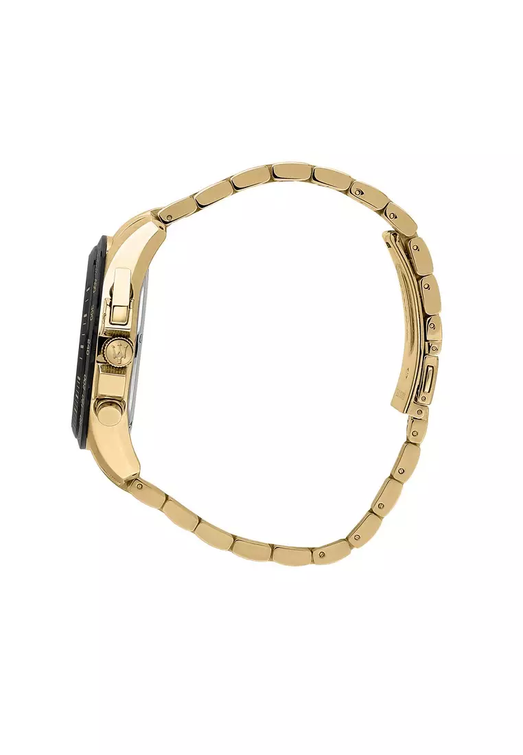 【2 Years Warranty】Maserati Traguardo 45mm Black Dial Gold Stainless Steel Strap Men's Chronograph Quartz Watch R8873612041 With Luminous Dial Hands