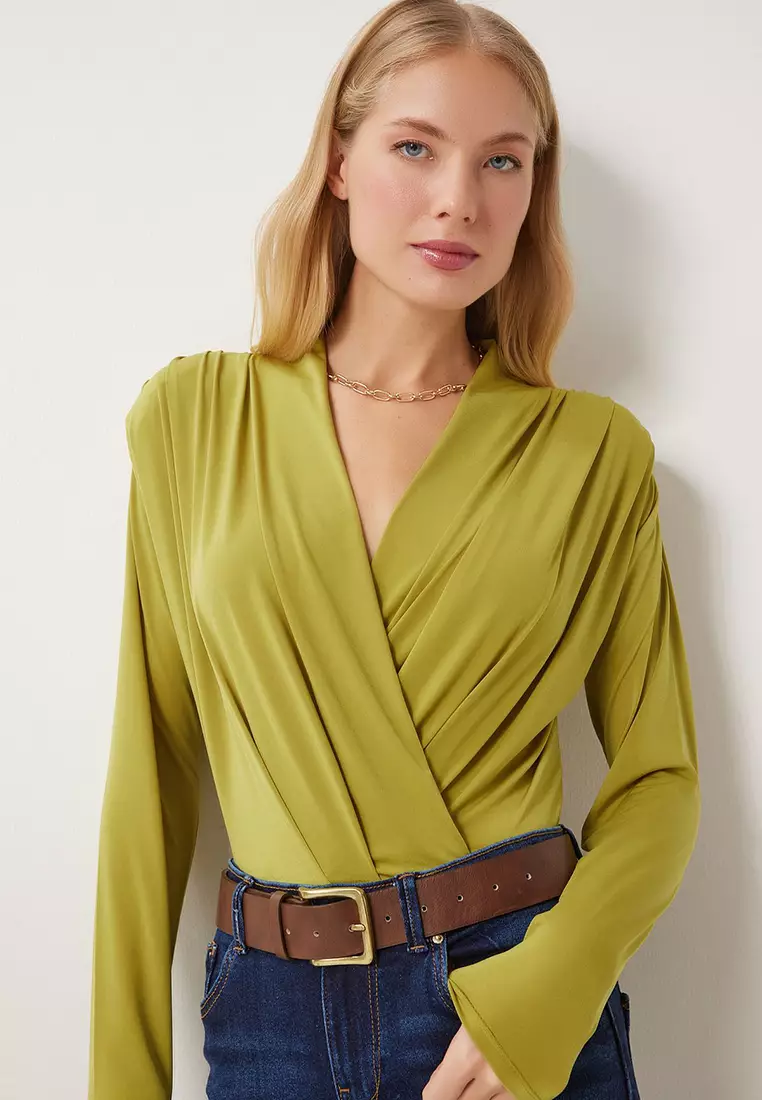Women's Oil Green Wrap Collar Padded Snap Sandy Blouse Zh00039