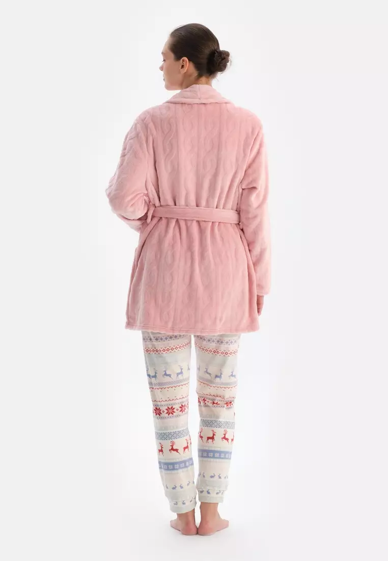 Soft Pink Dressing Gown, Shawl Collar, Oversize, Long Sleeve Sleepwear for Women